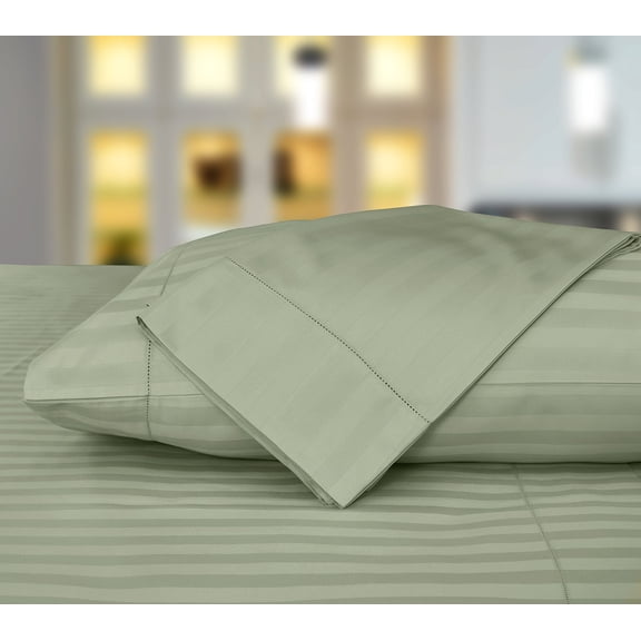500 Thread Count King Pillowcases Set, Damask Weave Long Staple Cotton, Soft Breathable Striped Pillow Protectors for Bedroom, Sage Green