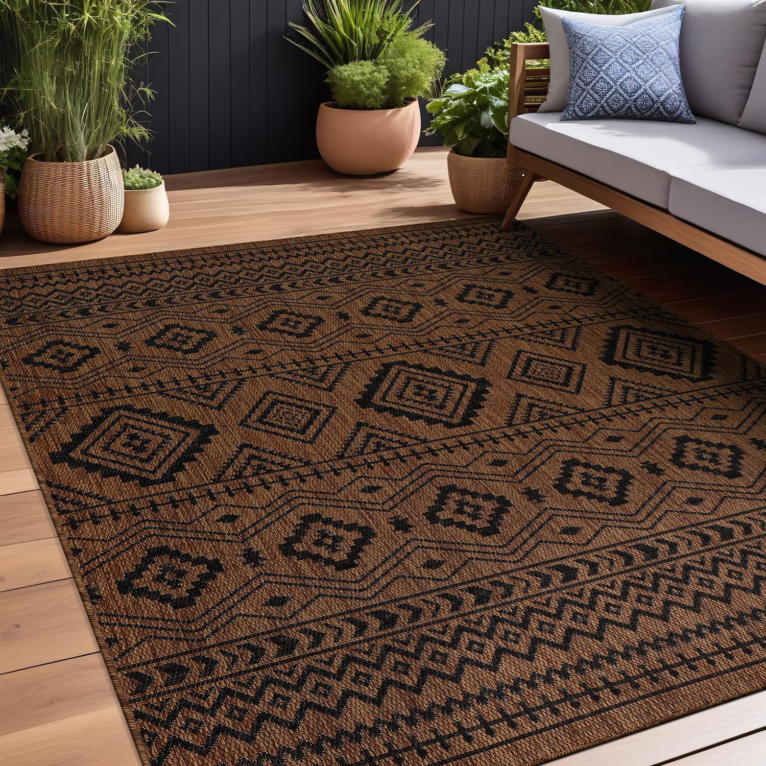 Beverly Rug Outdoor Area Rugs, Waterproof Patio Porch Garden Carpet, Nut Brown and Black, 10'x14'