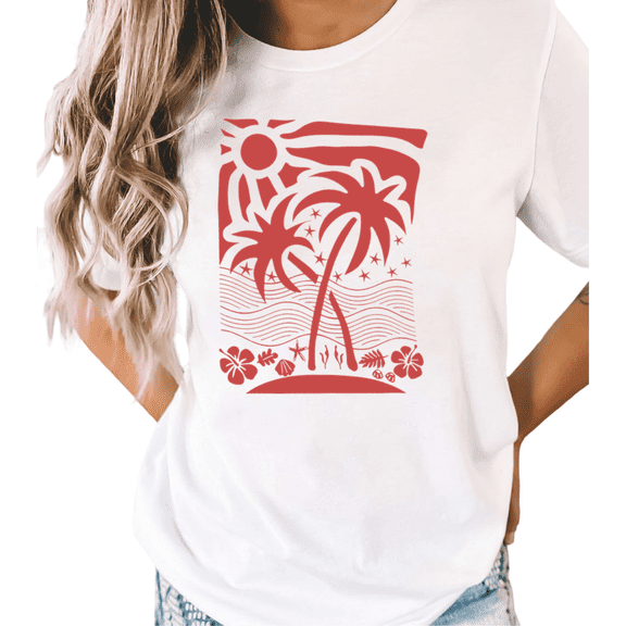 UNISHE Women's Red Tropical Palm Tree Beach Graphic White Short Sleeve T-Shirt Casual Cotton Crewneck Top