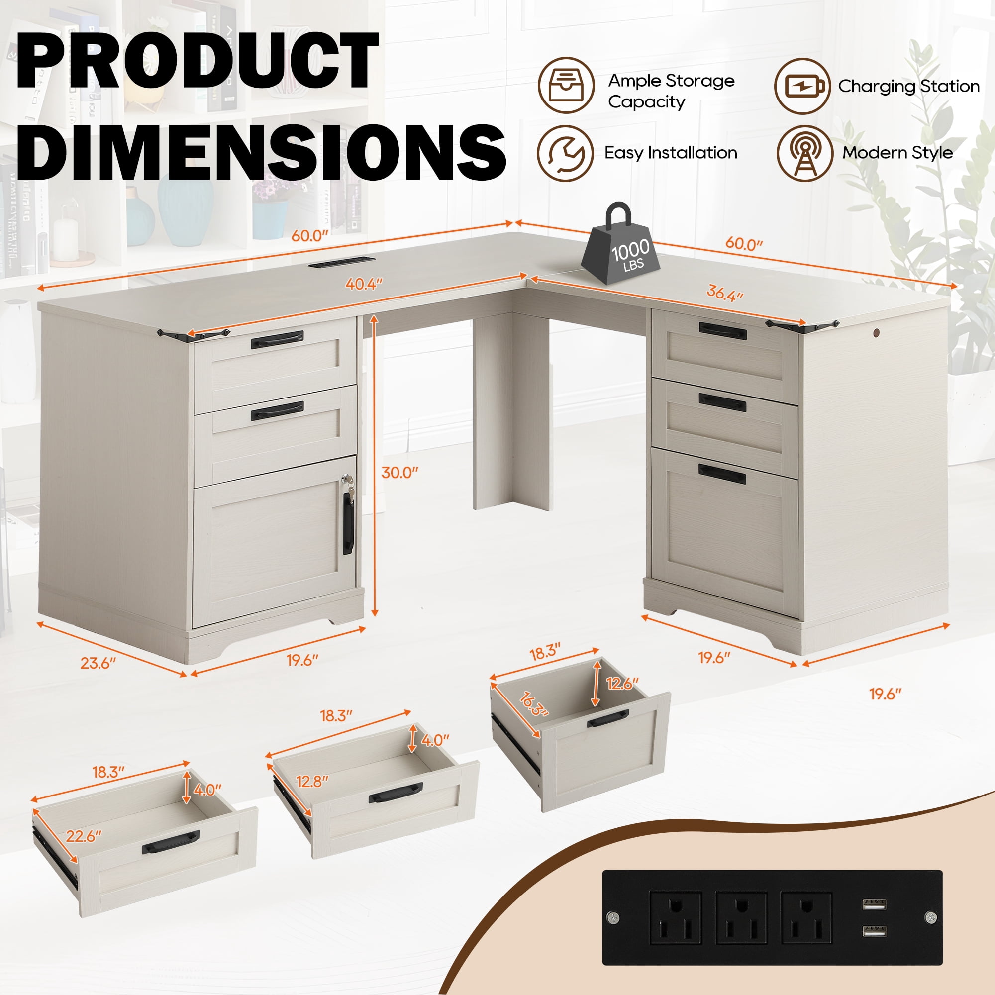 Magic Union L Shaped Executive Desk with Drawers, Home Office Desks with Charging Station, File Drawer, Lockable Adjustable Storage Cabinet, Large Corner Computer Table for Work And Study