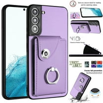 Compatible for Samsung Galaxy S21 FE Case with Card Holder, Wallet Case for Women Men with Rotation Finger Ring Stand, Accordion Style PU Leather Shockproof Case for Galaxy S21 FE, Purple