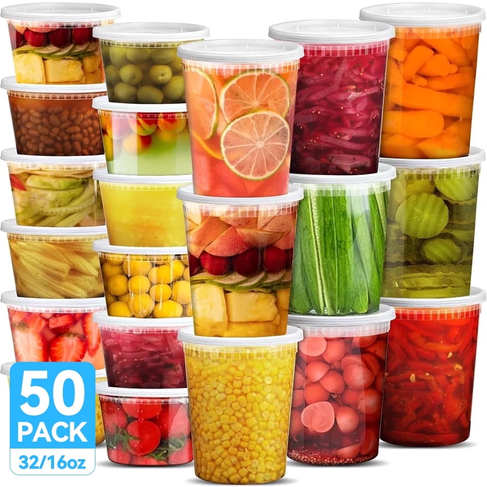 Deli Containers with Lids [50 Set] 25-32 Oz Quart Size & 25-16 Oz Meal Prep Ccontainers Reusable,Deli Food Storage Containers ,BPA Free, Stackable, Leakproof, Microwave and Freezer Safe