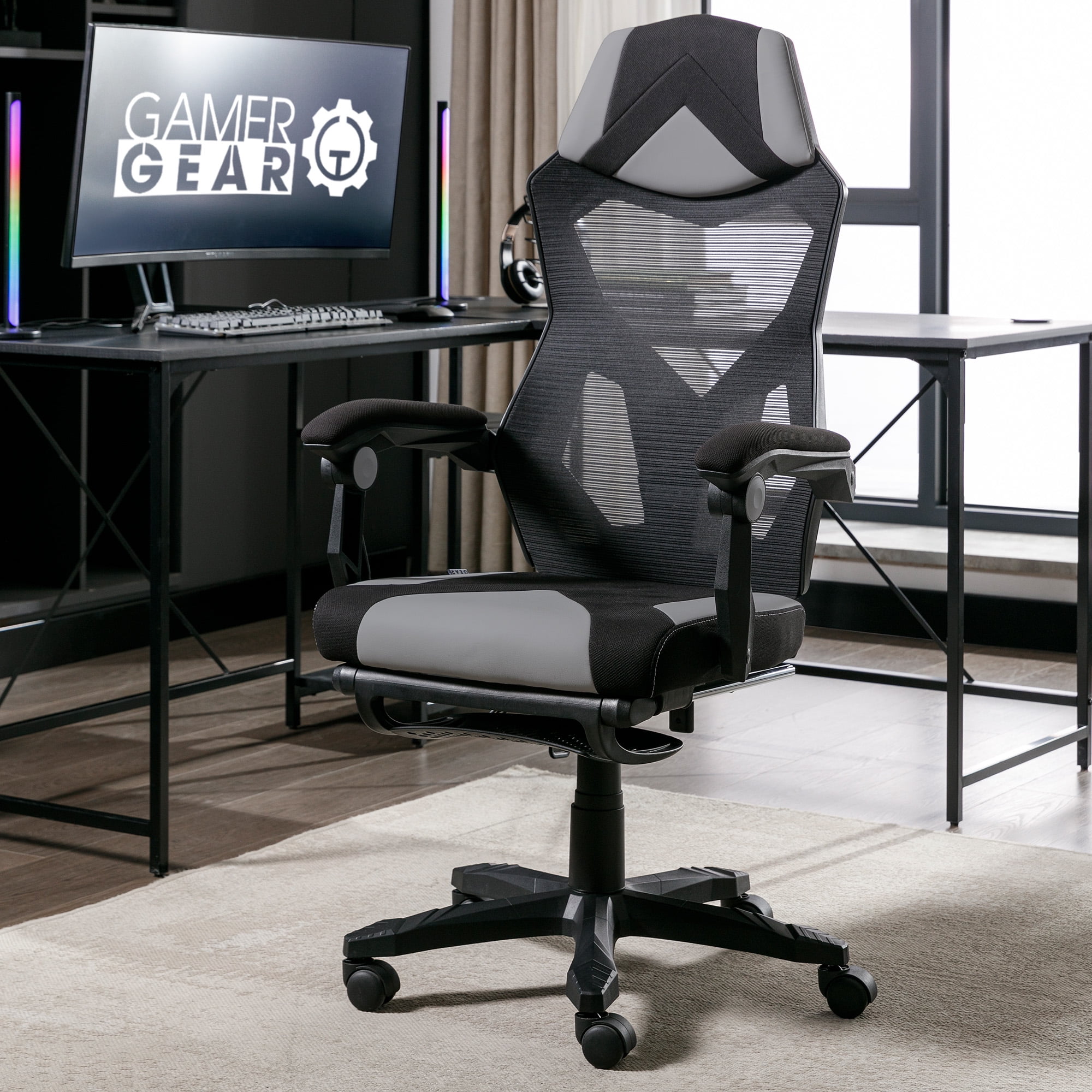 Gamer Gear Gaming Office Chair with Extendable Leg Rest, Gray/Black Fabric Upholstery  (图4) Gamer Gear Gaming Office Chair with Extendable Leg Rest, Gray/Black Fabric Upholstery  (图4)