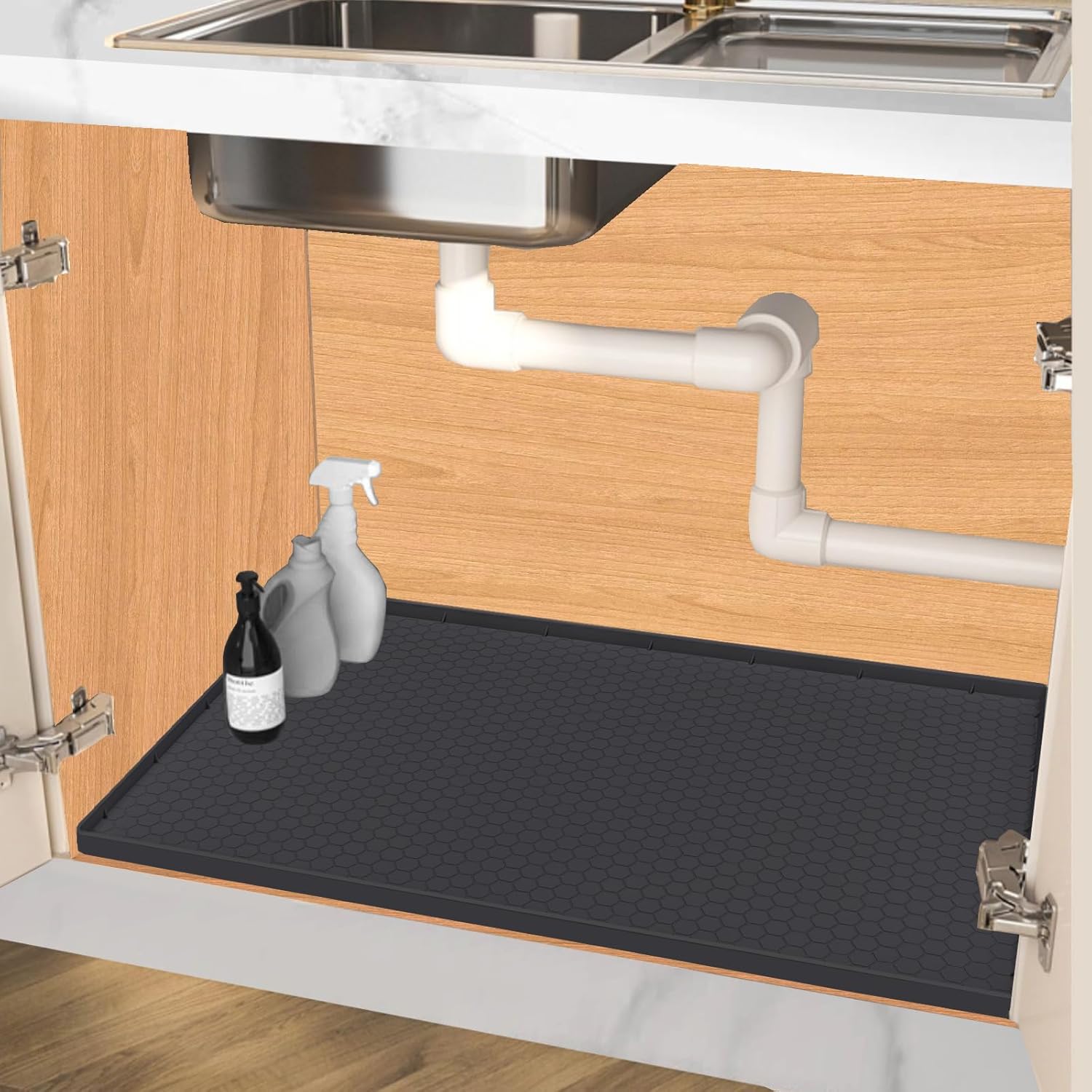 RGHJAR-Under Sink Mat 22 x 19, Silicone Under Sink Protector Mat for Kitchen Waterproof, Easy to Clean Bathroom Cabinet Mat Organizers and Storage, Black