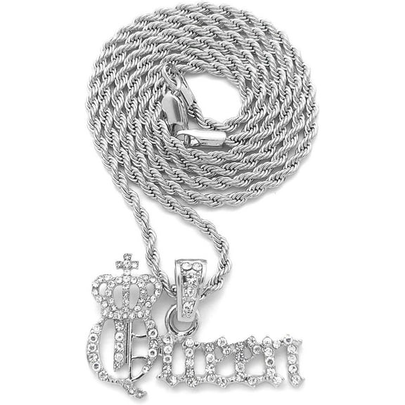 Hip Hop White Gold Plated Women's Iced Crowned Queen Pendant & 3mm 24" Rope Chain Necklace Set Fashion Gift