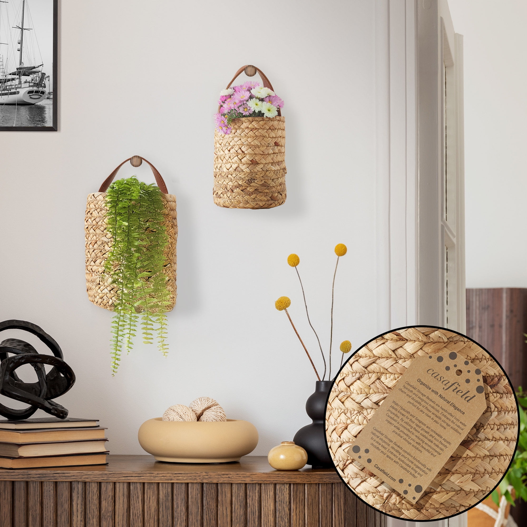Casafield Set of 2 Wall Hanging Baskets with Handles (Small and Large) - Natural Water Hyacinth, Woven Boho Plant and Flower Storage Pots