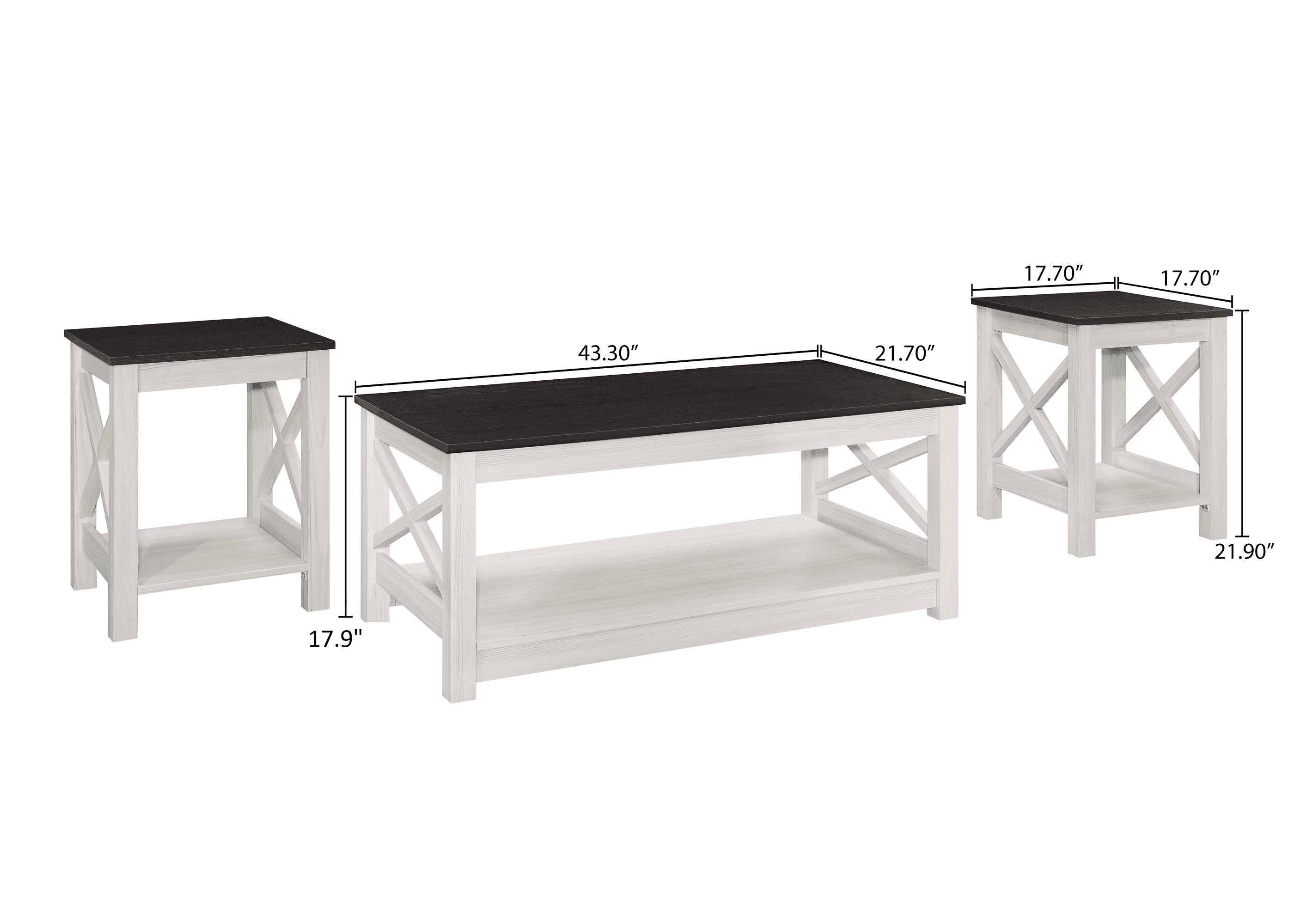 Home Design Wayne 3-Piece Coffee Table Set with 1 Rectangular Coffee Table and 2 Square End Tables, X-Shaped Side Design with Open Shelf for Living Room, Natural Oak/Black