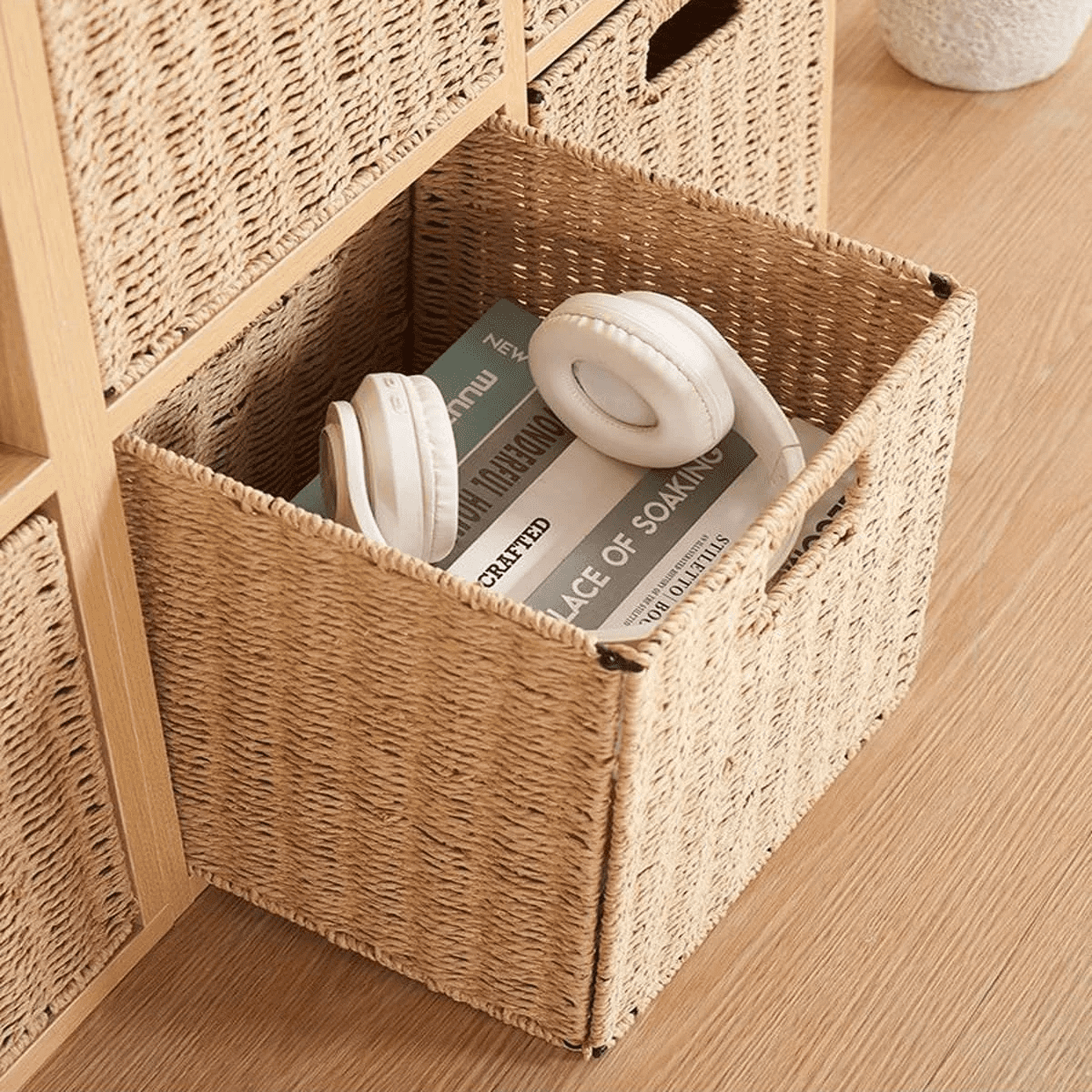 9.8 inch Set of 2 Wicker Basket, Woven Storage Baskets for Shelves with Handles Foldable Cube Storage Baskets Bins