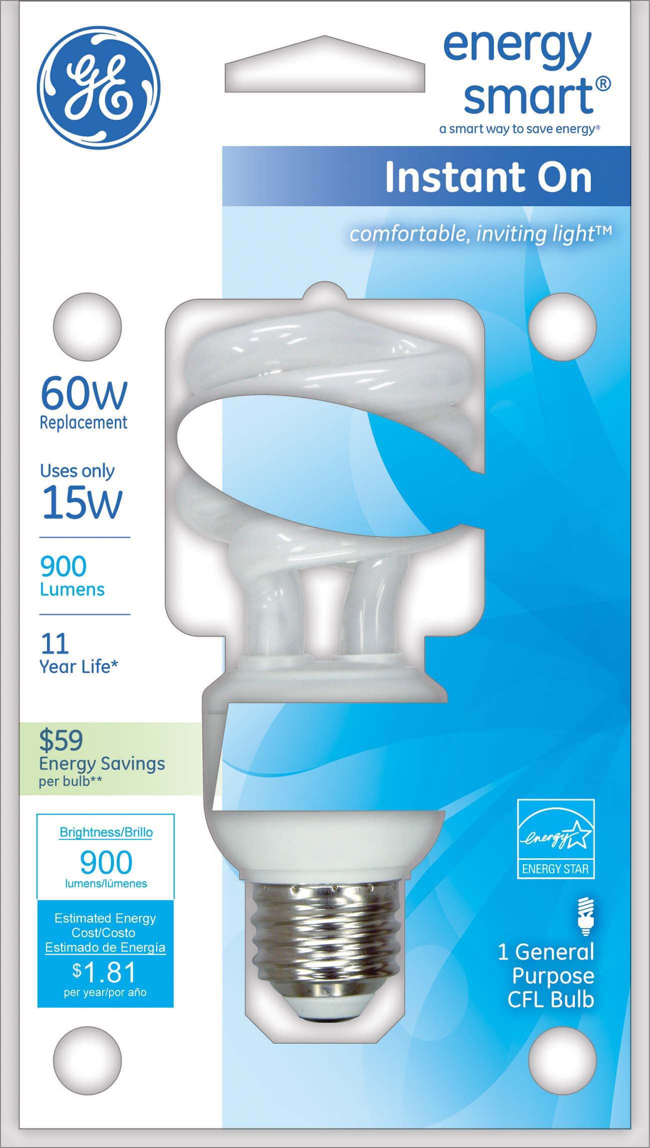 1-Pack 825-Lumen T3 Spiral Light Bulb with Medium Base GE Lighting 74198 Energy Smart Spiral CFL 13-Watt 60-watt replacement 