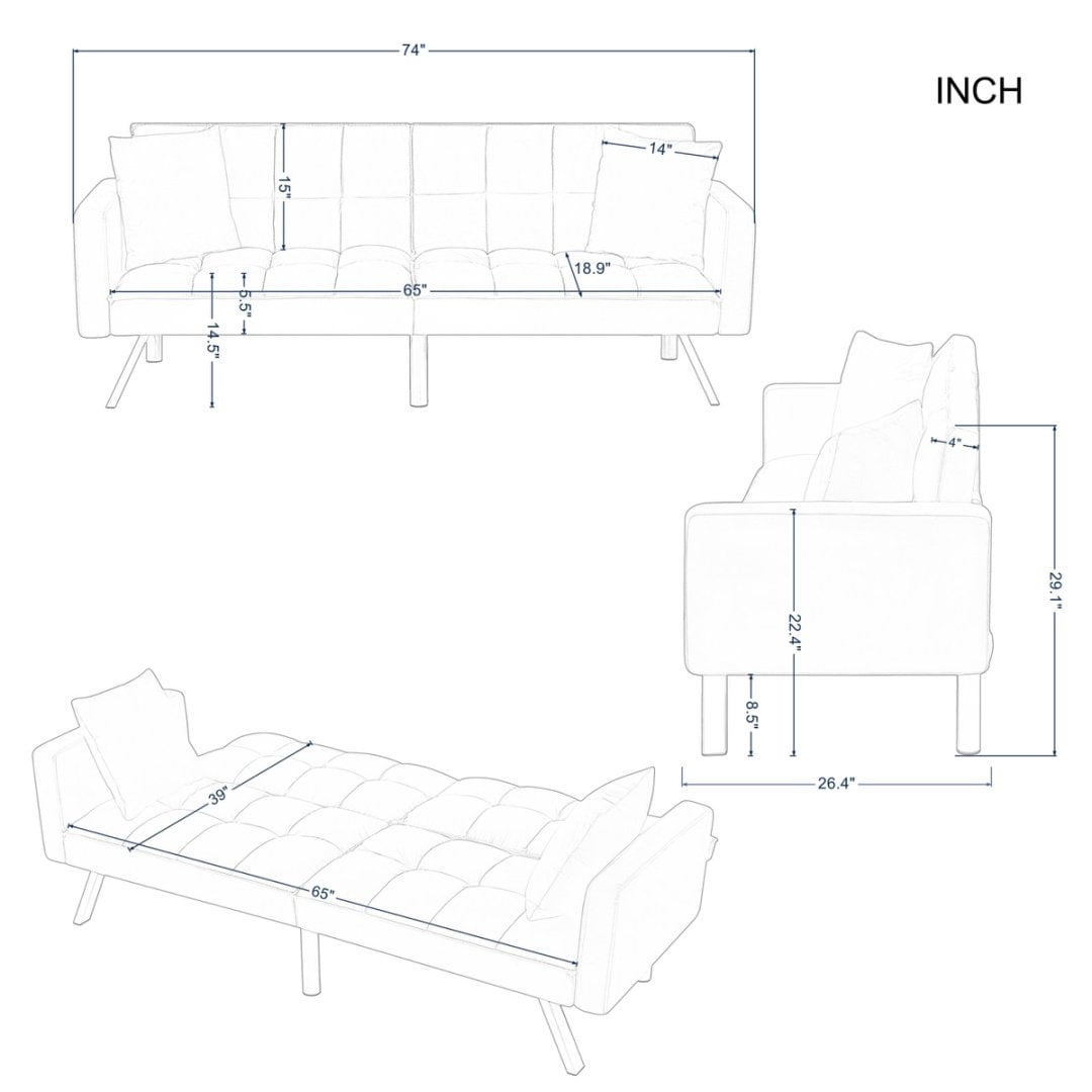 BSHTI 74" Velvet Convertible Futon Sofa Bed with Split Back & Square Tufting, 3-Position Adjustable, Metal Legs, 2 Toss Pillows for Living Room & Guest Room, Black