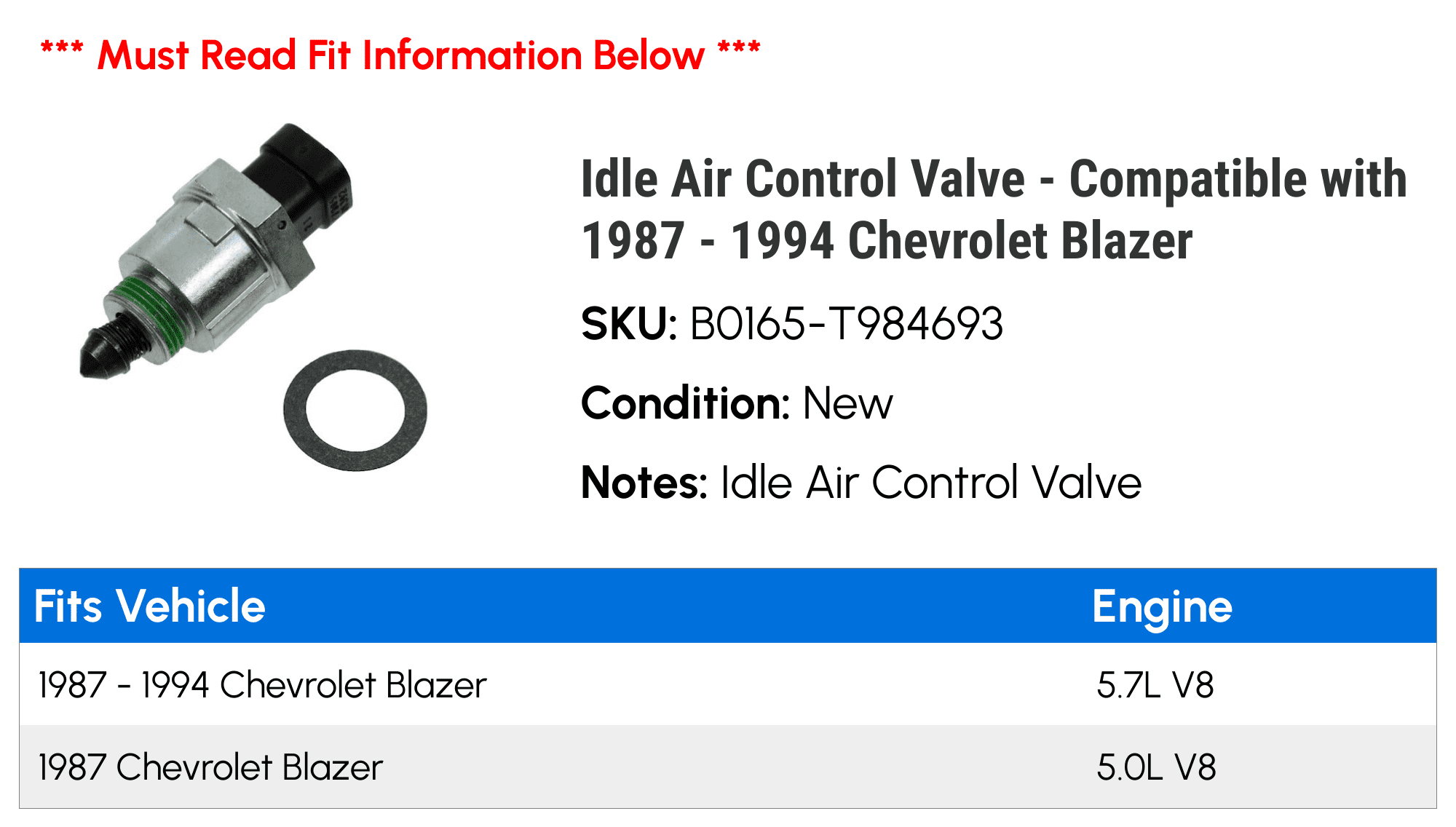 Idle Air Control Valve - Compatible with 1987 - 1994 Chevy Blazer 1988 1989 1990 1991 1992 1993