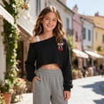 thumbnail image 2 of Girls Off Shoulder Sweatshirt Asymmetric Long Sleeve Crop Top Cute Casual Pullover Tee Shirt, 2 of 5
