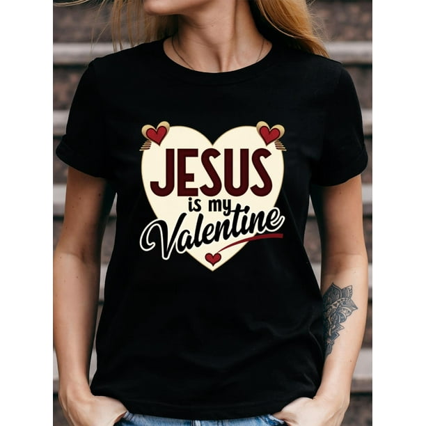 "Jesus is my Valentine" Black T-Shirt, Knit Fabric, Geometric Heart & Elegant Script with Metallic Accents, Fashionable All-Season Short Sleeve Tee, Christmas Gift for Family
