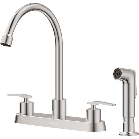 Kitchen Faucet with Side Sprayer, Brushed Nickel XIULINh Arc 8 Inch Centerset 2 Handles Stainless Steel Kitchen Sink Faucets for 4 Holes, Commercial RV Laundry Utility Kitchen Faucet