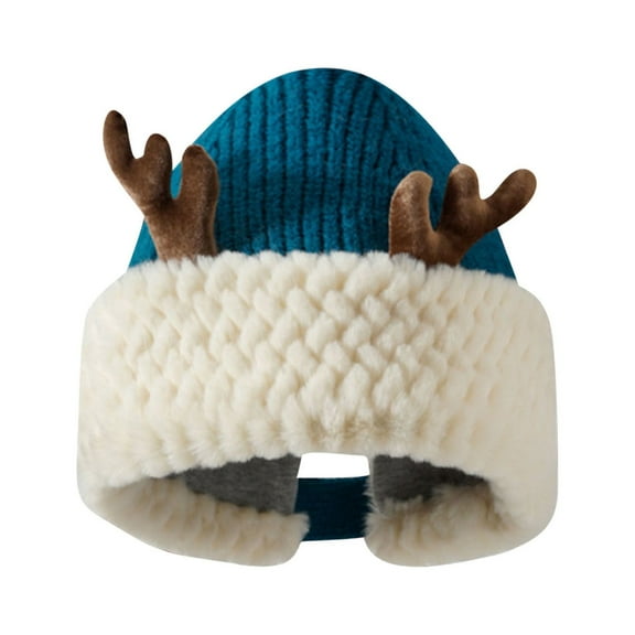 Luxalzxs Christmas Knitted Antler Hat, Cute Reindeer Antlers Knitted Hat with Plush Brim, Xmas Hat Crochet Knit Cap Winter Warm Beanie Cap