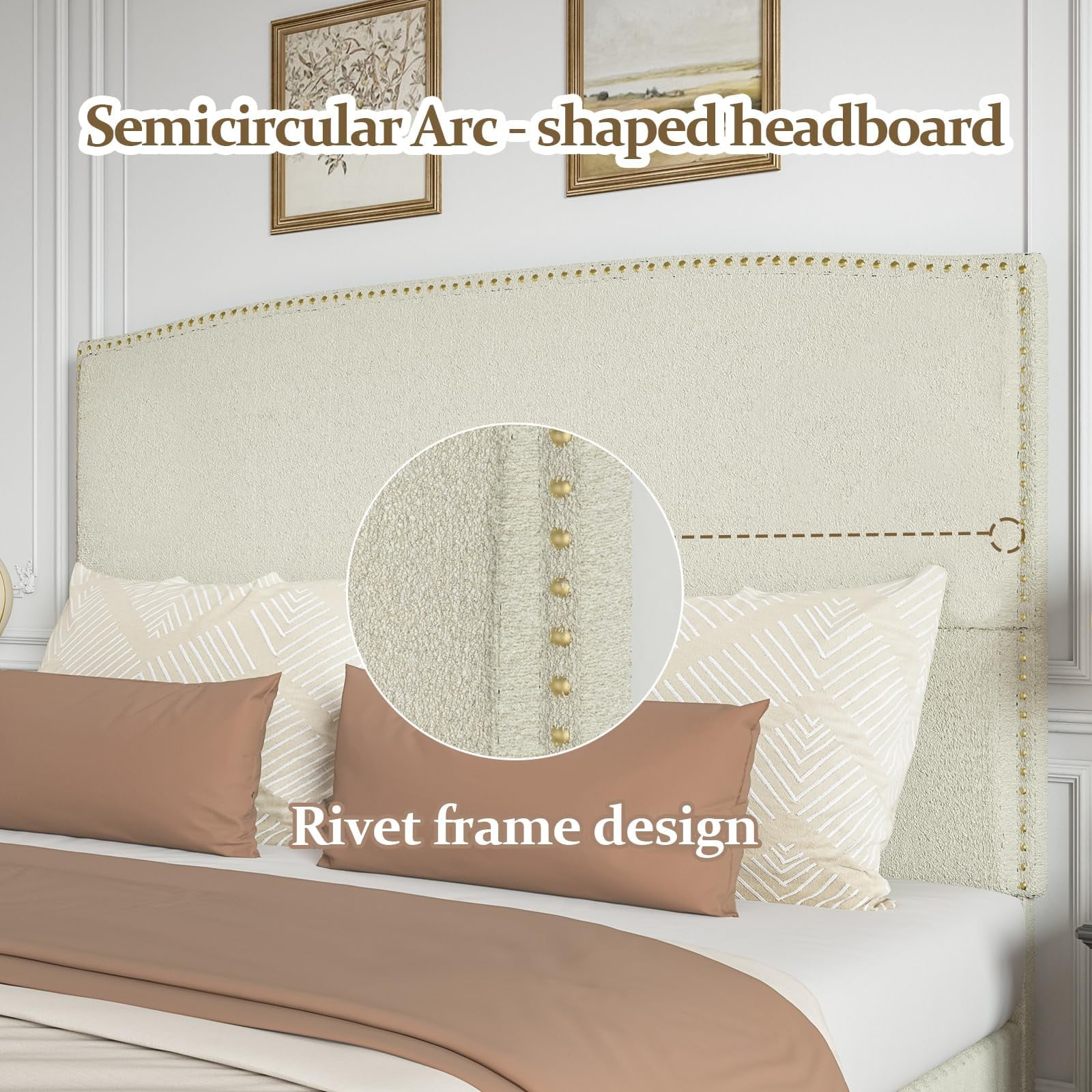 4 EVER WINNER Queen Bed Frame with 56" Tall Headboard, Queen Size Bed Fwith Nailhead Trim Headboard, Queen Upholstered Platform Bed, Beige