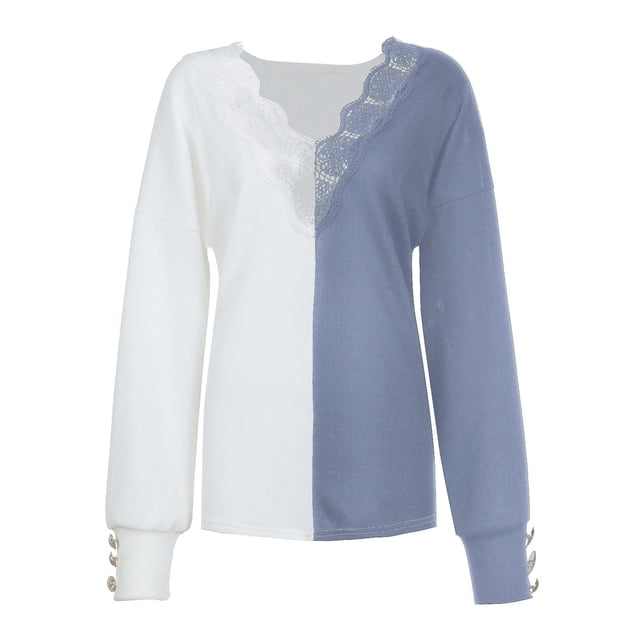 Women Pullover Button Long Sleeve Loose Knitted Splicing Lace Sweater Top