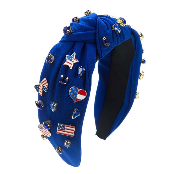 4th Of July Headband For Womens Girls White Red And Blue Rhinestone Headband Wide Knotted Fourth Of July Patriotic Party Favor Hairband Independence Day Hair Accessories