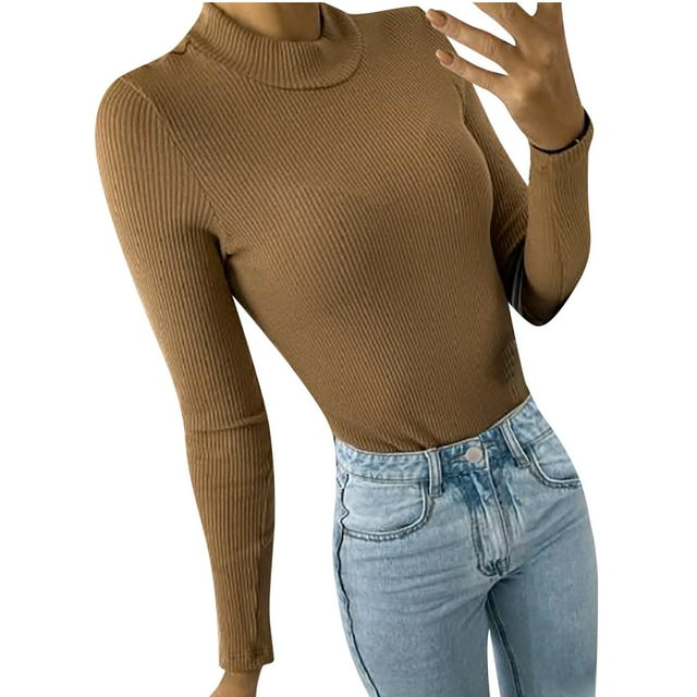 Camisetas de cuello redondo de manga larga de color sólido para mujer Tops de camisa de fondo de punto delgado Pompotops gfhjh10574