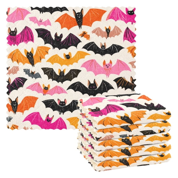 6PCS Dish Towels and Dish Cloths Reuseable Dishcloths Sets for Washing Dishes, Cooking, Baking Size 11" x 11" Pink and Orange Bats
