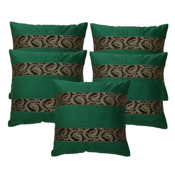 Stylo Culture Indian Decorative Throw Pillow Covers 16x16 Polydupion Brocade Jacquard Dark Green Square 40x40 cm Home Decor Velvet Floral Zippered Cushion Covers | Set Of 5