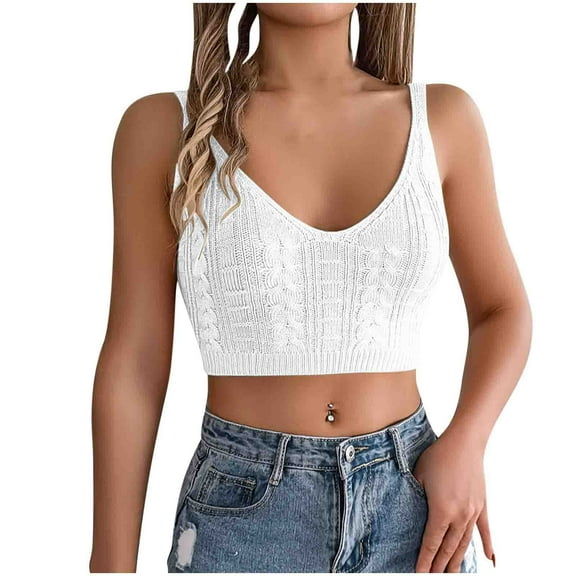 Timegard Tank Top for Women V Neck Knit Top Cropped Comfy Solid Color Beach Vacation Casual Camis Tee
