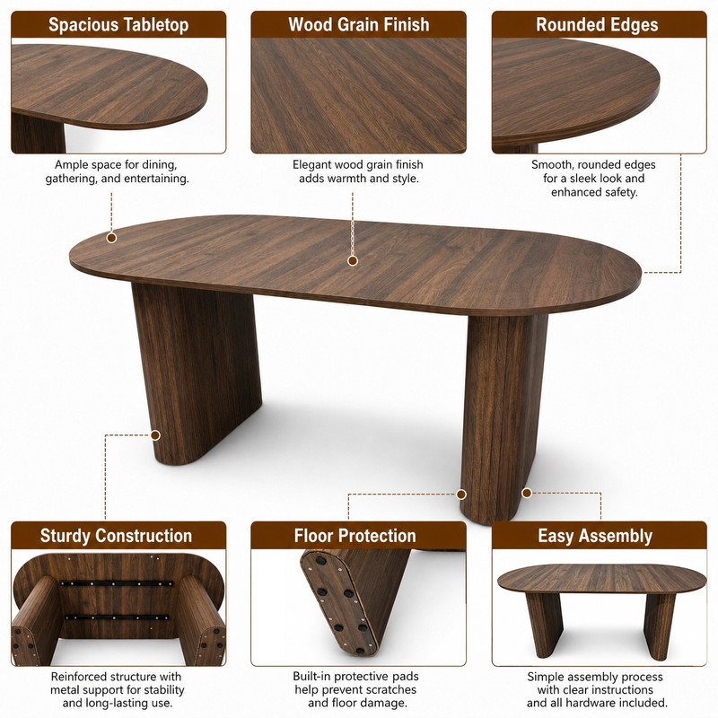 70.8" Long Oval Dining Table for 6-8, Large Wooden Kitchen Dinner Table with Striped Base & Non-Slip Foot Pads