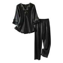 SWSMCLT Women's Bow Knot Pajamas Set Crochet Falbala Deep V Neck Elastic Band Fall Matching Set Chic Loungewear Black Small