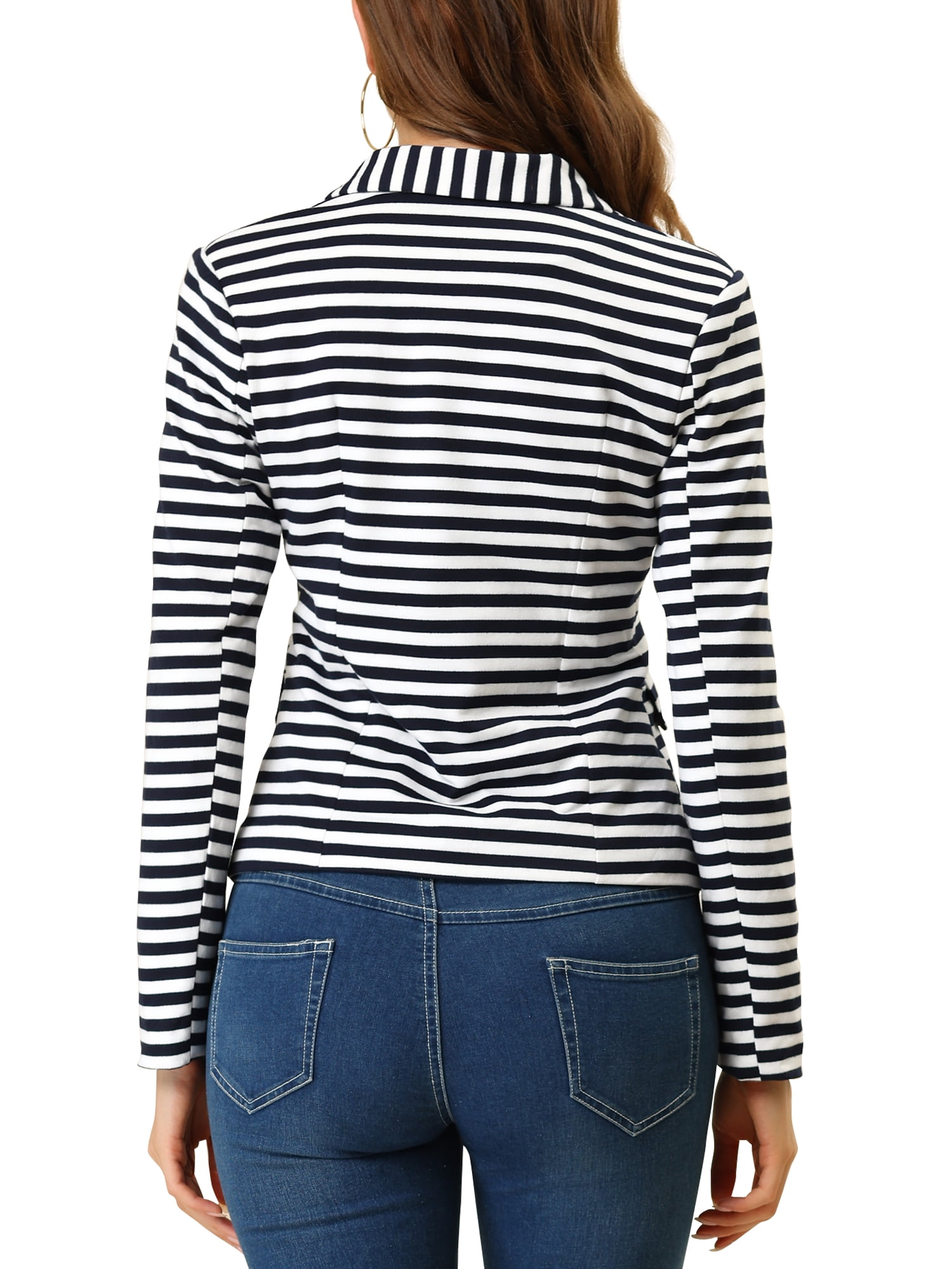 DARING DIVA Women's Striped Notched Lapel Button Closure Blazer L White Navy