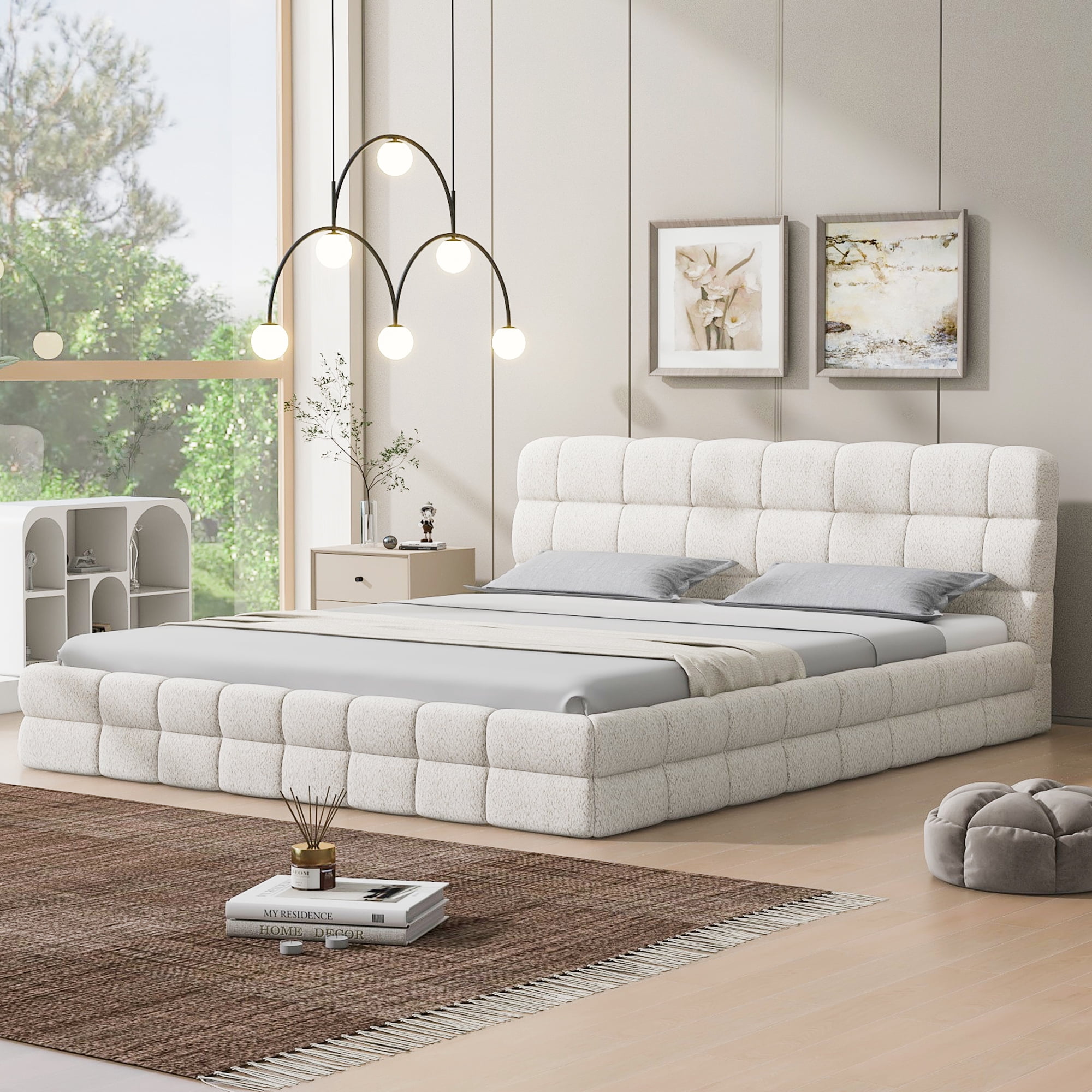 Euroco Upholstered Queen Size Platform Bed with Tuft Headboard, White