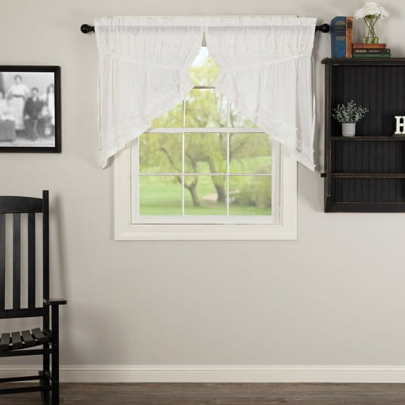 VHC Brands Sheer Petticoat Solid Color Cotton Farmhouse Kitchen Curtains Rod Pocket Drawstring Ties Ruched Ruffle Prairie Swag Pair, Soft White