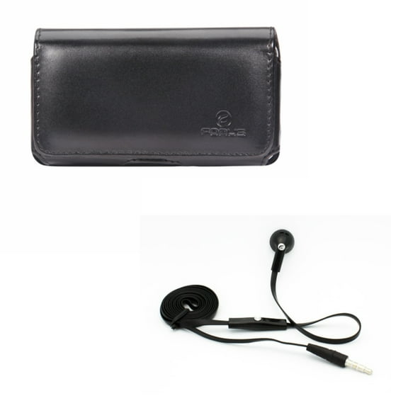 Black Leather Phone Case w Flat Wired Headset MONO Hands-free Earphone w Mic M4E for BLU Vivo XI, Studio X8 HD, Pure View, R1 Plus, Life One X3 X2, Grand M, 5R 5, Advance 5.0 - CAT S40