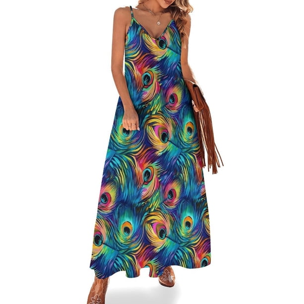 Vestido largo playero de pavo real colorido con estampado de animales, tirantes finos, ropa de calle, vestidos largos informales, ropa de primavera con cuello en V, ropa de gran tamaño