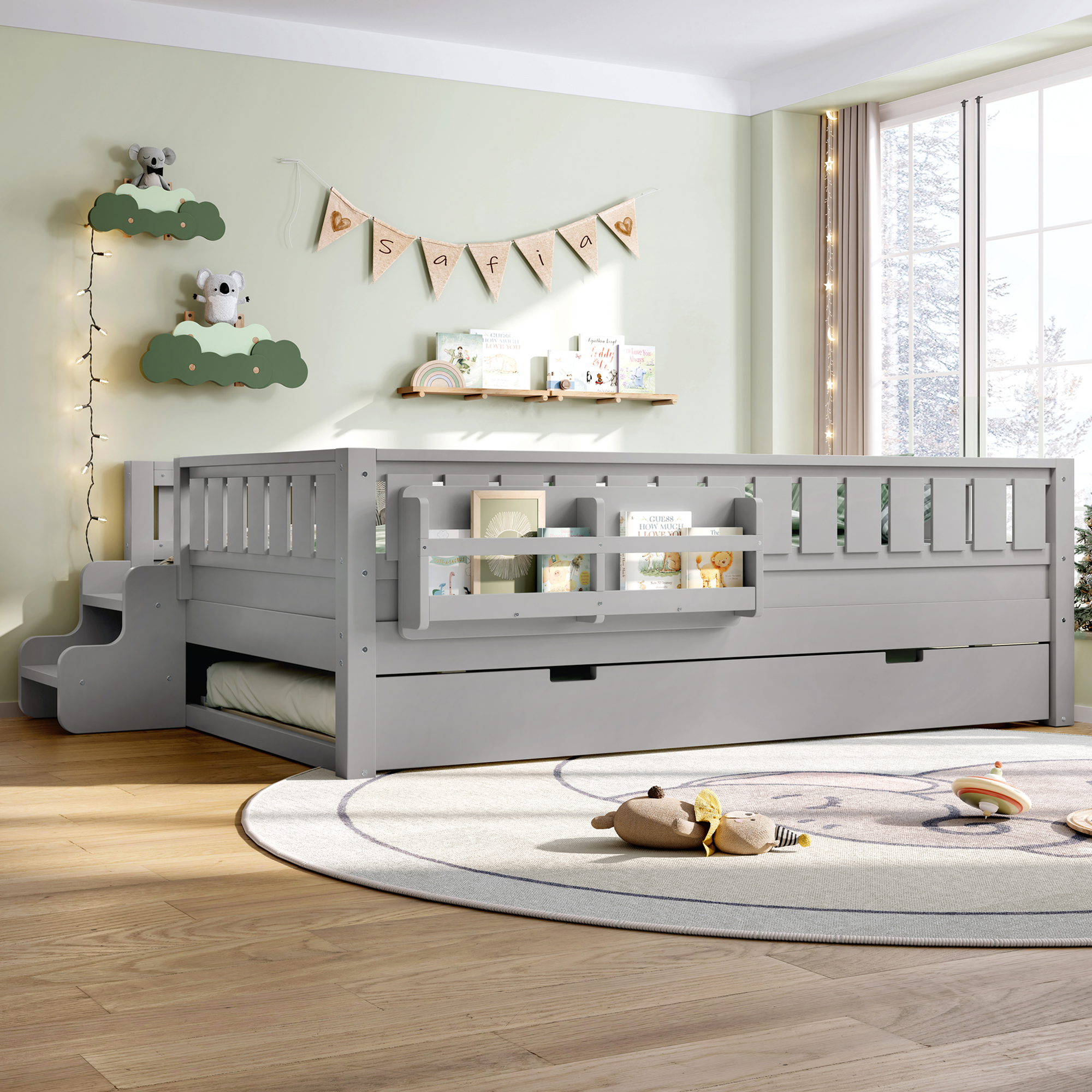 Full With Built-In Bookshelves And Small Staircase, High-Quality Safety Rails