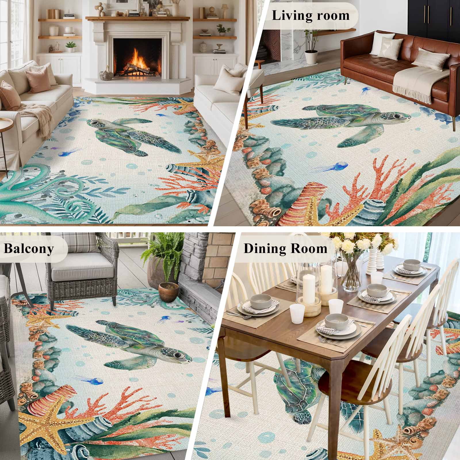 5'x7' Area Rugs for Living Room Bedroom, Sea Turtle Coastal Washable Rug Carpet Runner Indoor Outdoor, Summer Nautical Starfish Coral Beige Non Slip Floor Mats Area Rug for Kitchen, Nursery