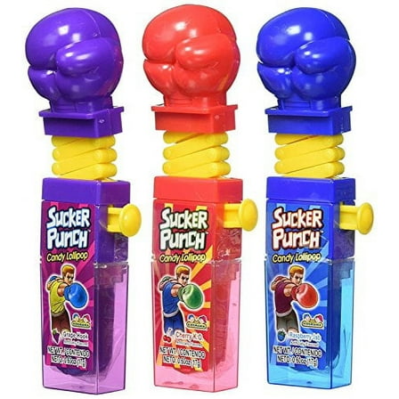 Set of 3 Kidsmania Sucker Punch Candy Lollipops - .60oz per Lollipop - Flavors Include Purple-Grape Hook Red-Cherry Blue-Raspberry Jab - Each Toy is Filled With Candy Lollipop - Great Party Favors!