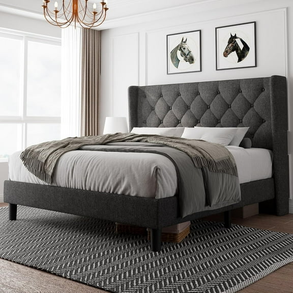 iPormis Full Size Bed Frame with Diamond Button Tufted Wingback Headboard, Upholstered Platform Bed Frame with Strong Wood Slat Support, Dark Grey