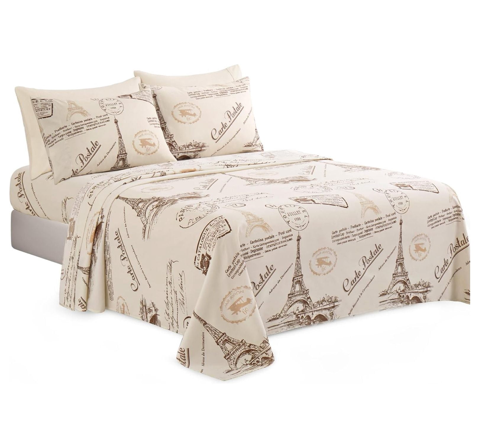 Ultra Soft Silky Deep Pocket Rich Printed Bedding Rayon from Bamboo All Season 6 Pieces Sheet Set with 4 Pillowcases, Eiffel Tower Pattern King Size