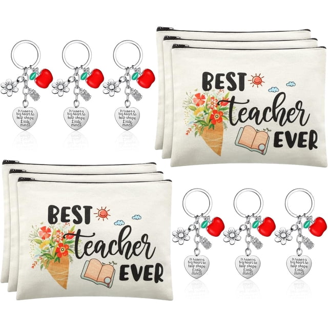 12 PCS Teacher Appreciation Gift Set 6 Teacher Kit Makeup Cosmetic Bags and 6 Keychains Graduation Valentines Gifts