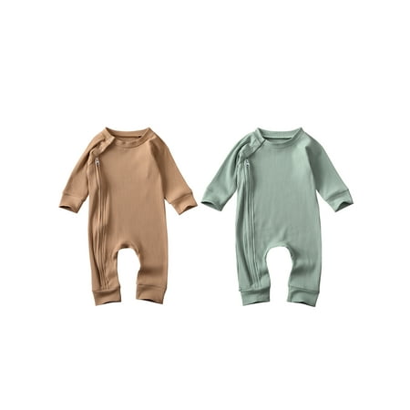 

2 Pack Newborn Infant Baby Boys Girls Rompers Spring Fall Clothes Solid Color Ribbed Long Sleeve Zipper Jumpsuit (0-24M)