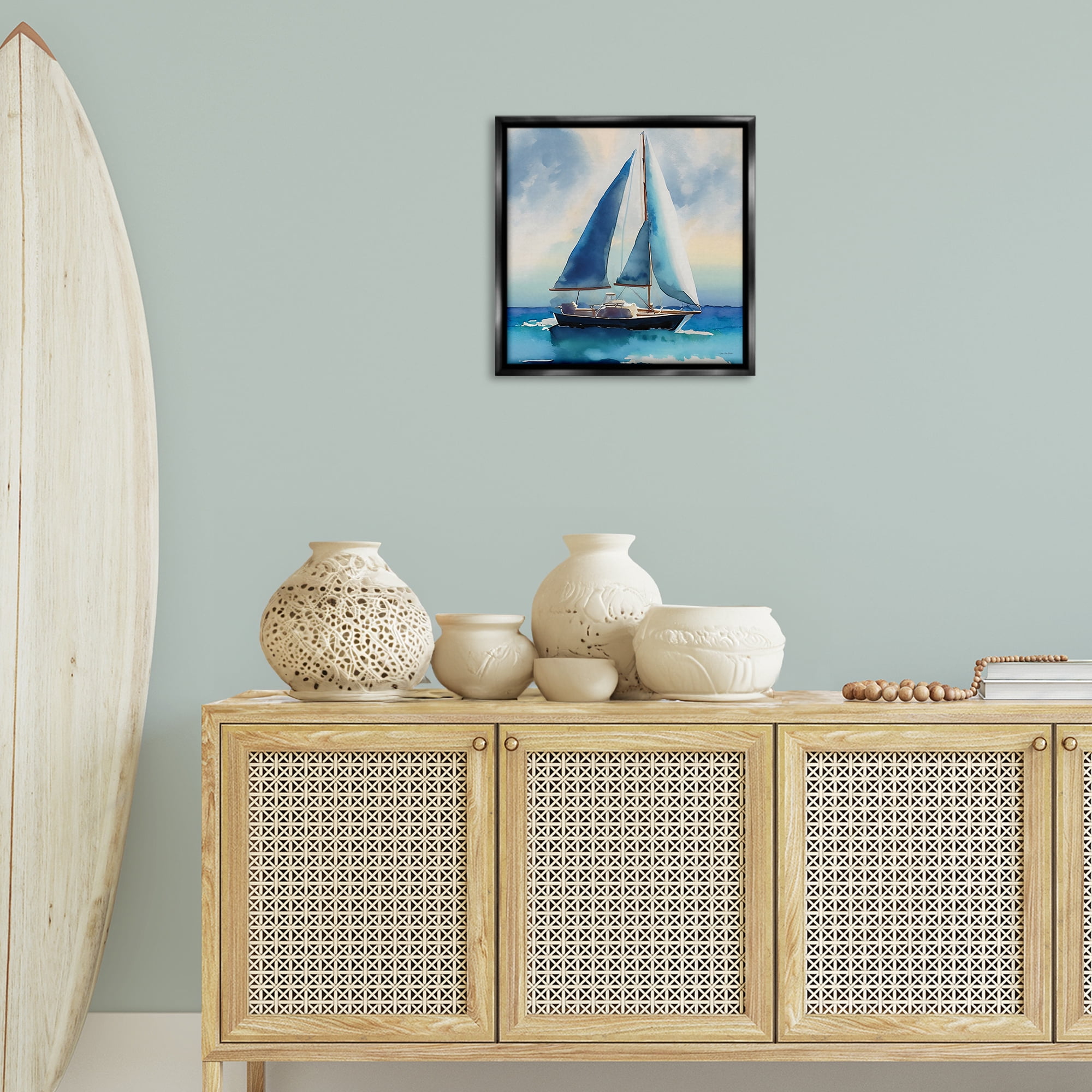 Stupell Industries Watercolor Style Sailboat Nautical & Beach Painting Black Floater Framed Canvas Art Print Wall Art, 18 x 18