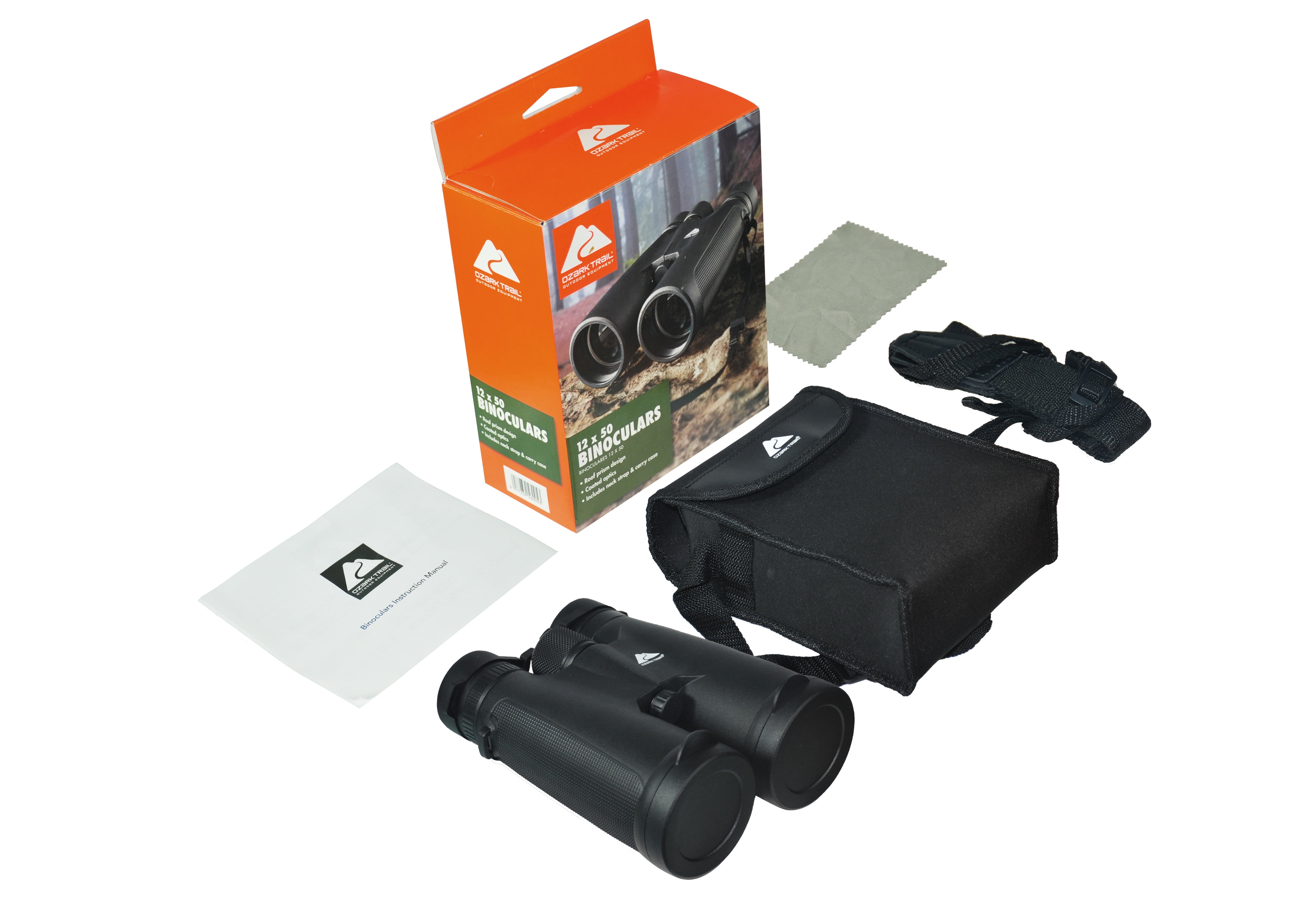Ozark Trail 12x 50mm High Powered HD Large View Binoculars with Neck Strap, Carry Case & Clean Cloth, 1 Pack