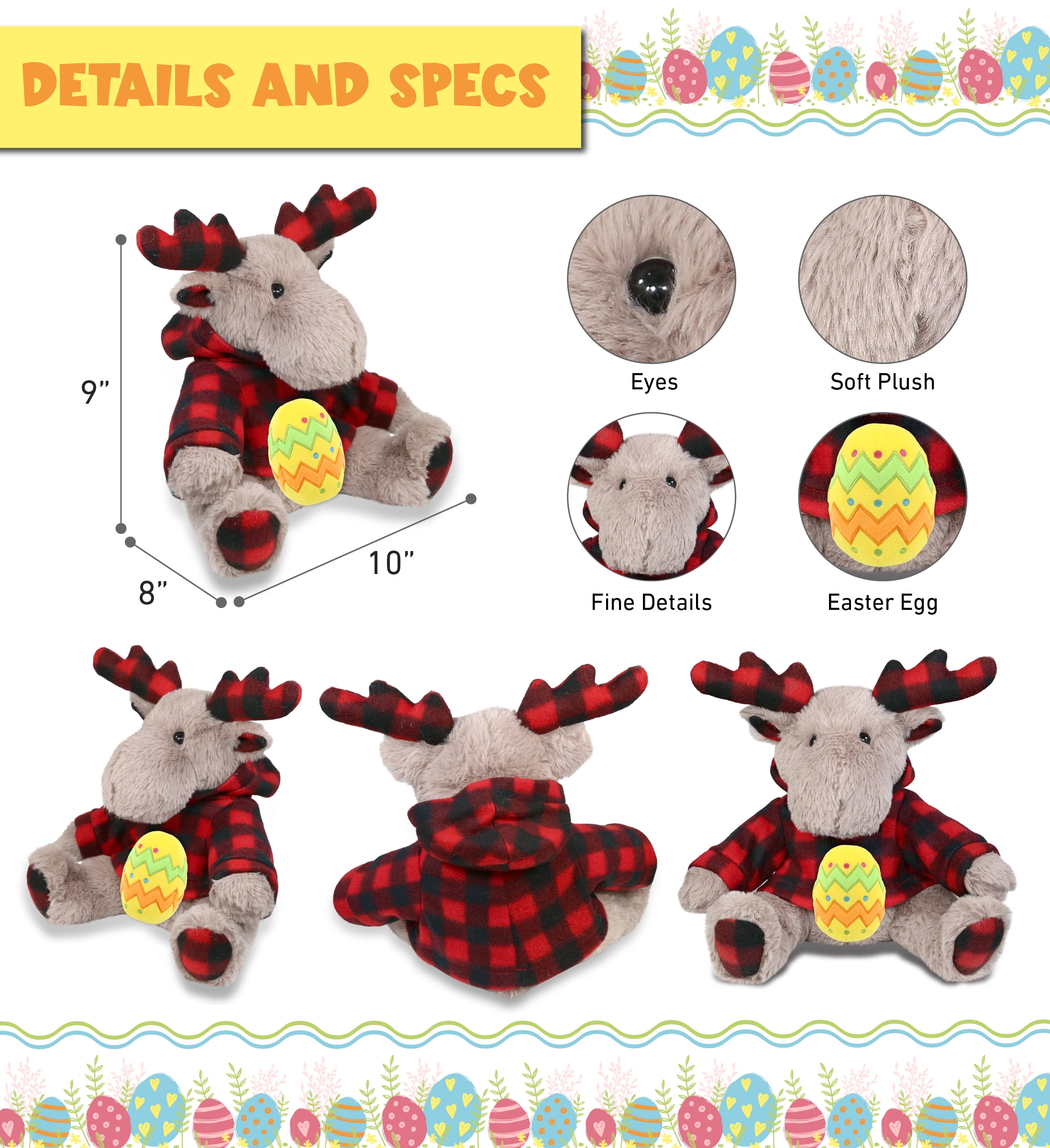 DolliBu Plaid Beige Moose with Hoodie with Yellow Easter Egg Plush - Perfect Moose Stuffed Animals for Easter Basket, Cute Easter Egg Stuffed Animal Spring Toys for Girls, Boys, and Babies - 10 Inches