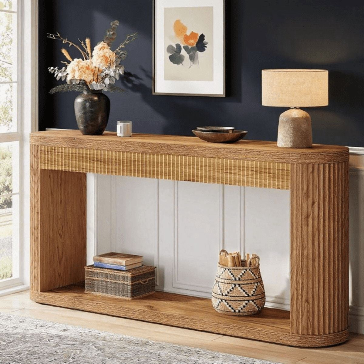 63" Industrial Console Table - Fluted Design with Semi-Cylinder Support, Narrow Entryway Table, MDF with Adjustable Pads for Hallway Sofa, Brown