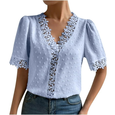 

Womens Blouses And Tops Dressy Short Sleeve Fashion Womens Casual Solid Color V Neck Lace Stitching Short Sleevet Tops Loose Blouses Oversized T Shirts for Women Light Blue XL