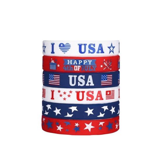 Silicone Wristbands, Silicone Rubber, Rubber Bracelets Bulk, Bulk Prizes for Kids, Red White and Blue Accessories, 8 in Circumference, 6 Assorted designs, independence Day