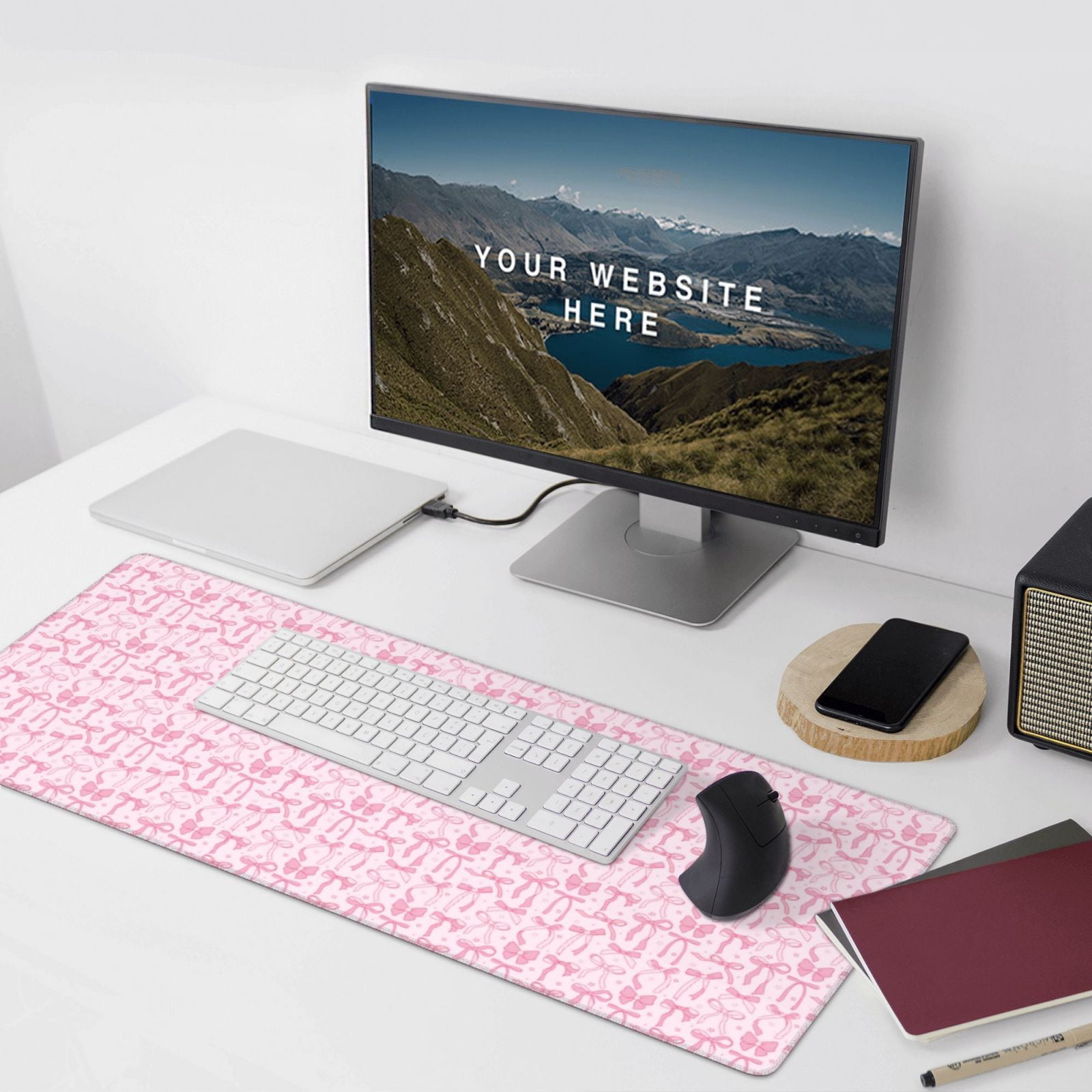 Xecao Ribbon Bow Print Large Mouse Pad, 16x35.5in Mousepad, Professional Non-Slip Rubber Base Big Mouse Pad, Mouse Pad for Gaming & Office Full Desk Mouse Pad