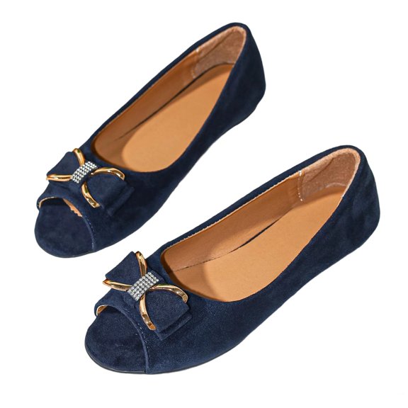 Gpaecead Women's Metal Bow Flat Shoes Open Toe Faux Suede Soft Sole Elegant Versatile Comfort Slip On Shoes For Work, Navy
