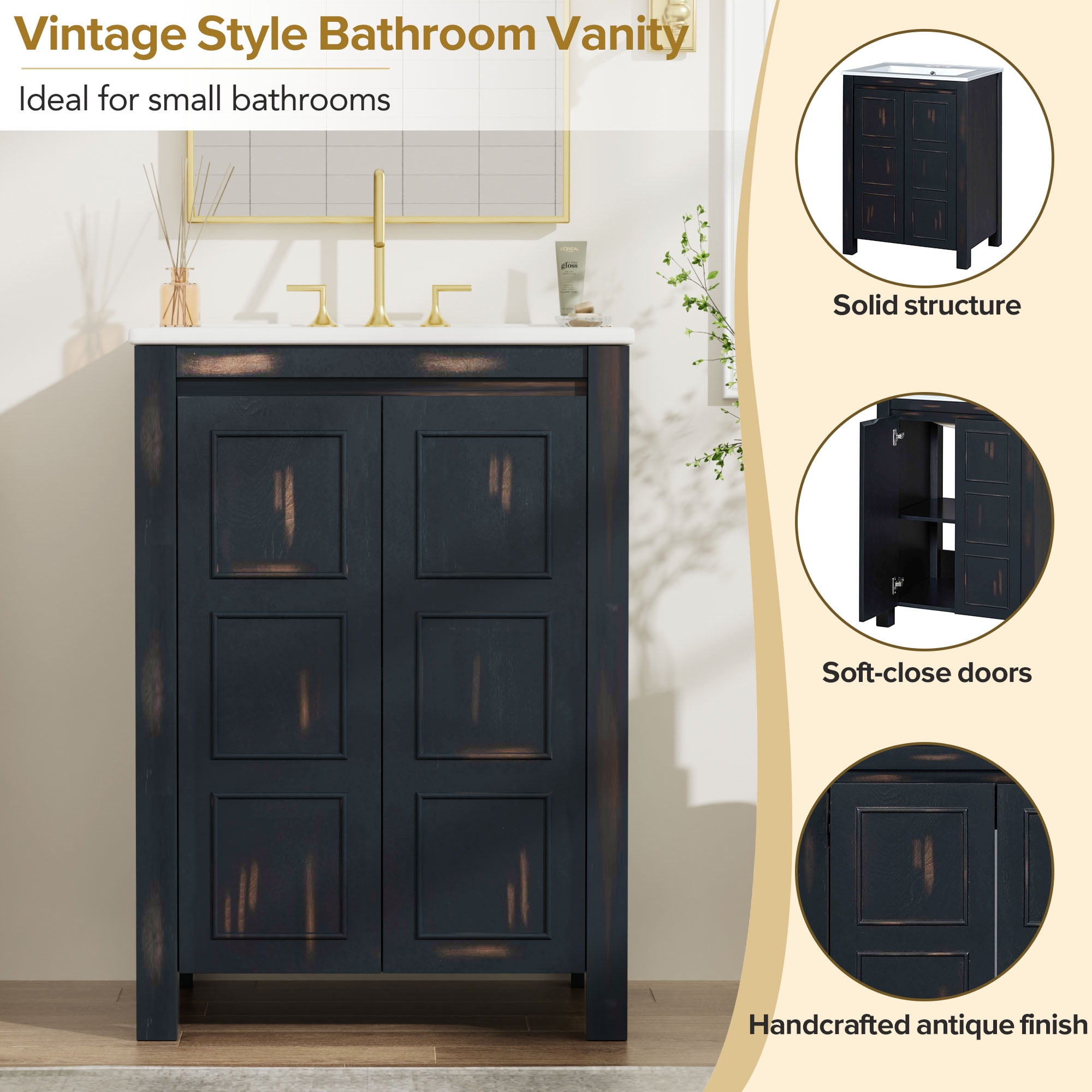Euroco 48" Vintage Style Bathroom Vanity Combo with Double Vanities (separate), Double Ceramic Sinks, storage Shelf and Soft Close Doors