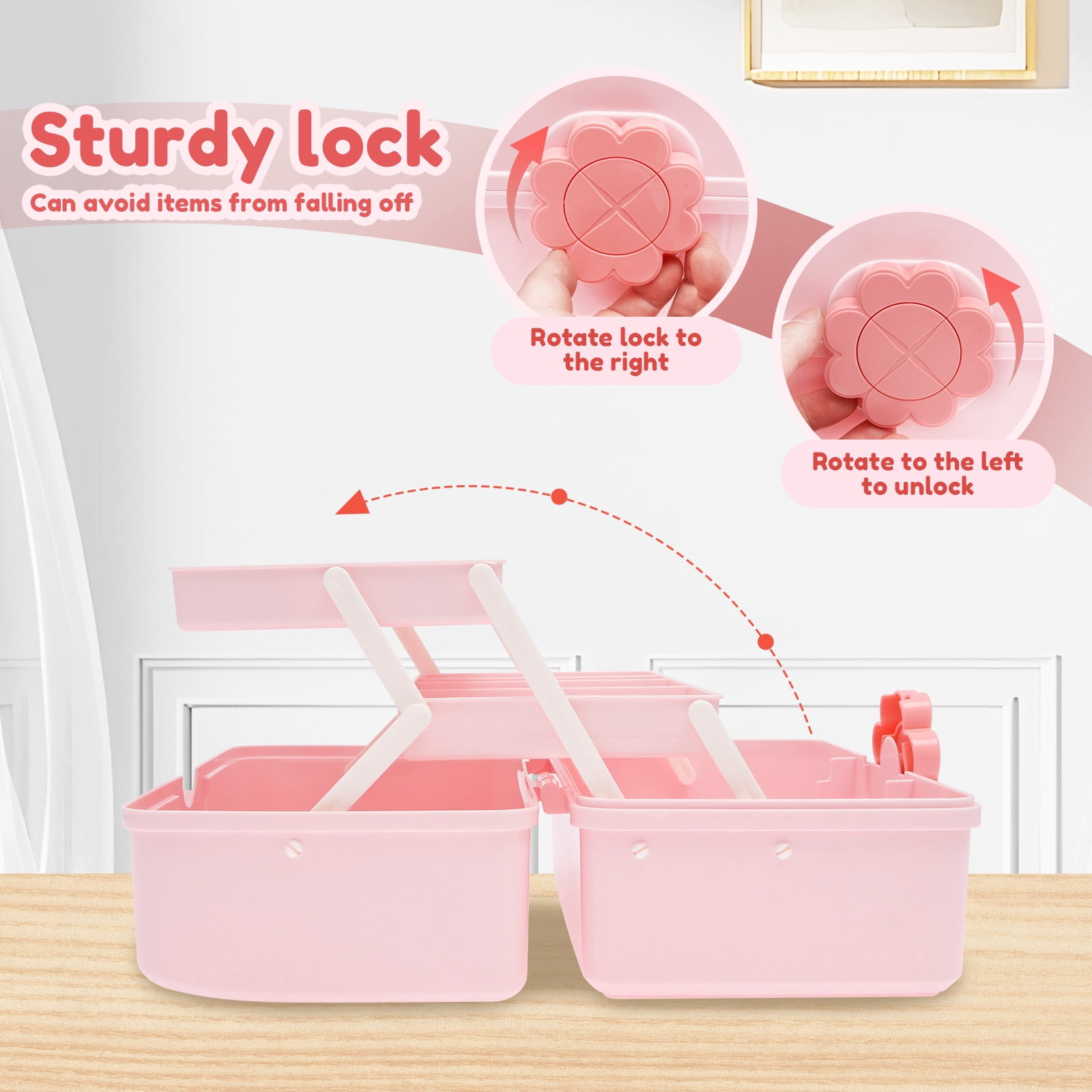 FKSZLL Hair Accessories Storage Box Plastic 3 Layer Pink Lockable Craft Storage Container Portable Cute Girl Hair Clip Holder Case with Handle for Toy Nail Tool Stationery